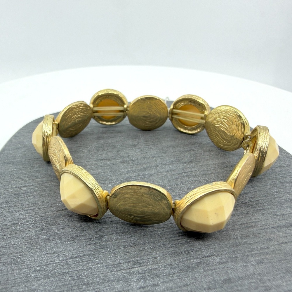 Textured Gold-Tone Stretch Bracelet with Cream Faceted Stones Vintage Style